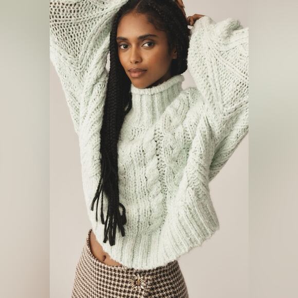 NWT Anthropologie Fisherman Knit Sweater Turtleneck Chunky Mint Womens Size XXS - Picture 2 of 10